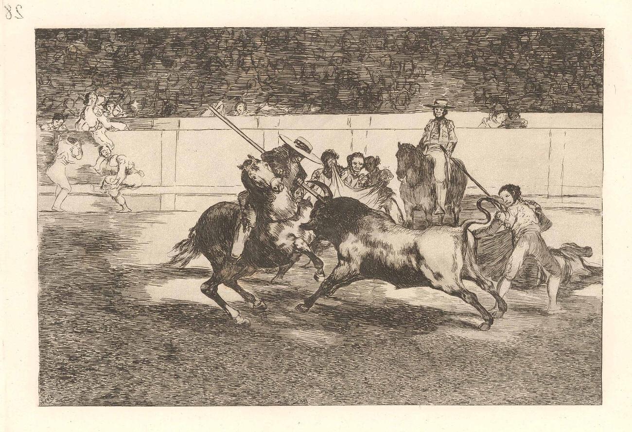 etching of bull fighting 