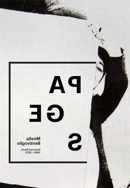 Black and white cover of Mirella Bentivoglio catalog with image of a person with black type with letters P A G E S