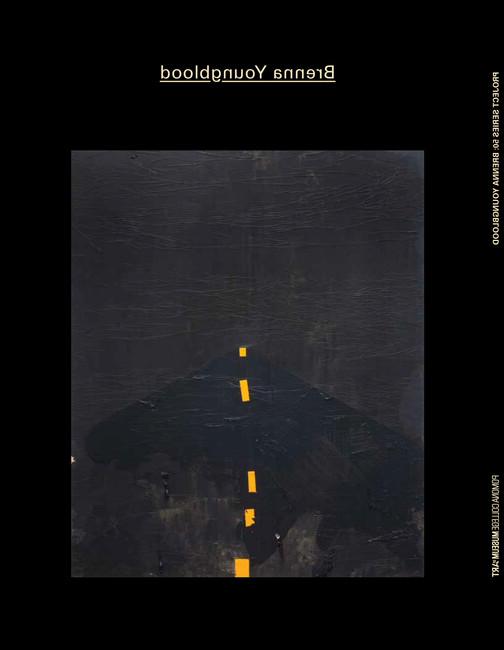 Catalogue cover for Brenna Youngblood exhibition with work of art with yellow disconnected stripes against black backdrop