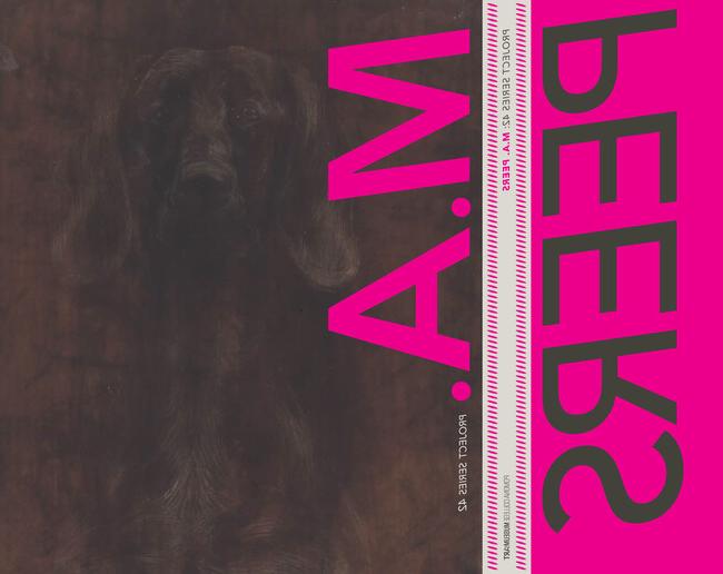 Cover and back spread of M.A. Peers exhibition catalogue with pink and brown and white spine