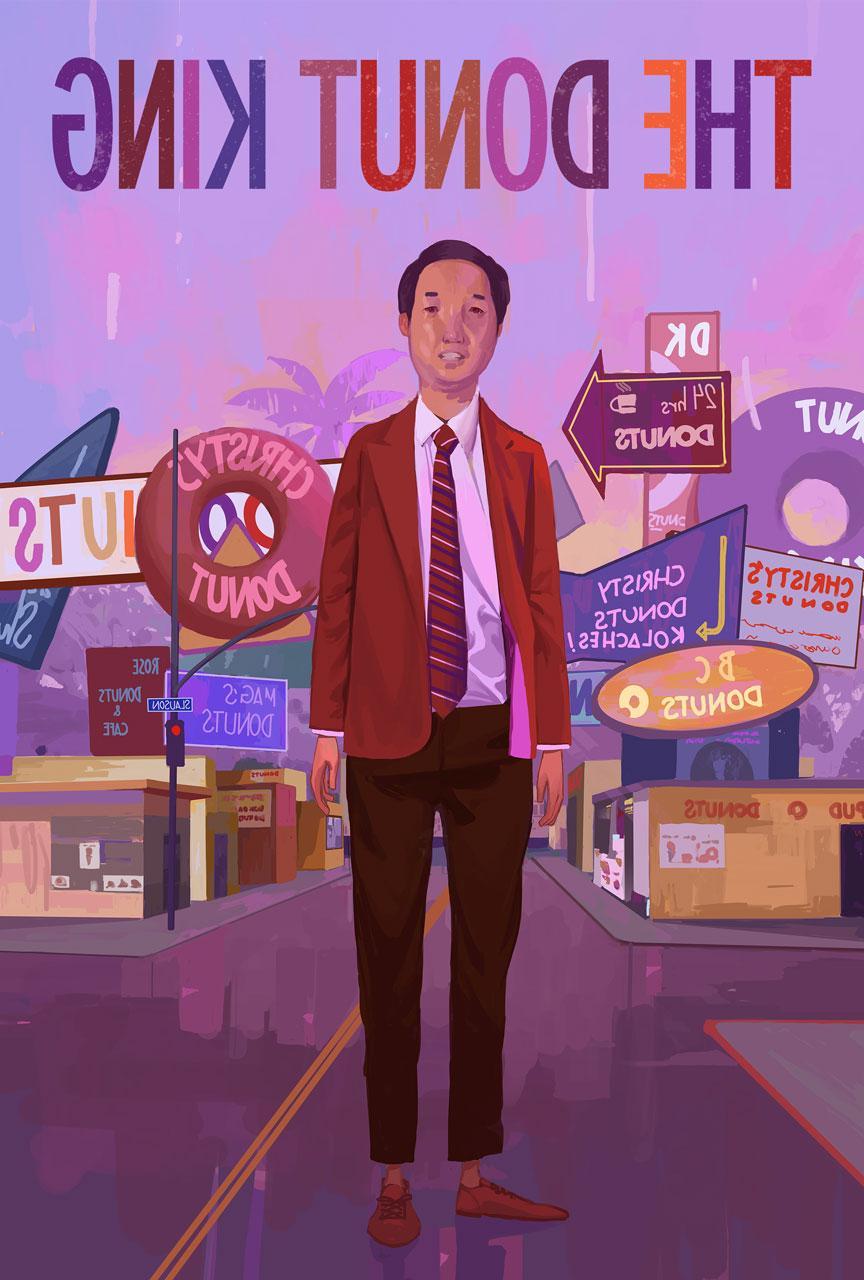 Donut King Documentary poster. A Cambodian man in a red jacket and tie stands in front of a background of donut shops