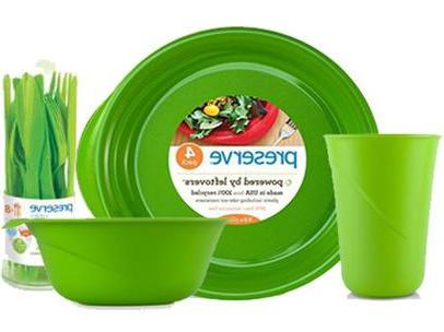 Reusable plate, cup, bowl, and utensils.