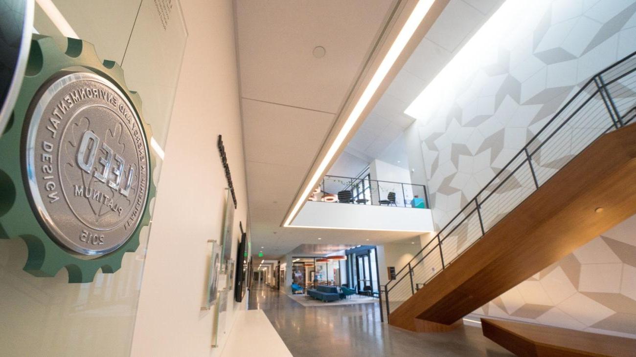 Millikan Laboratory entryway with LEED sign.